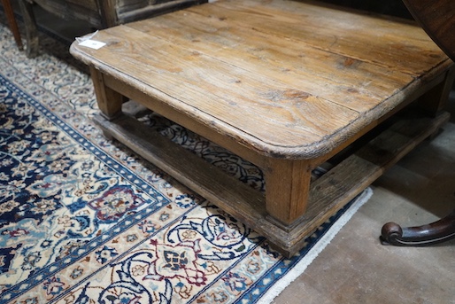 A French provincial rectangular pine coffee table, incorporating old timber, length 83cm, height 30cm